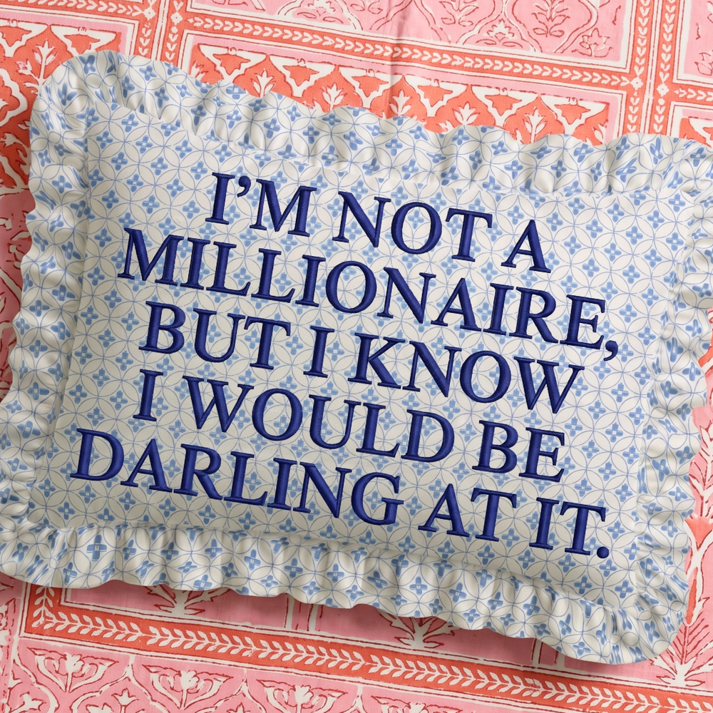 "Millionaire" Ruffled Embroidered Pillow | Statement Pillow