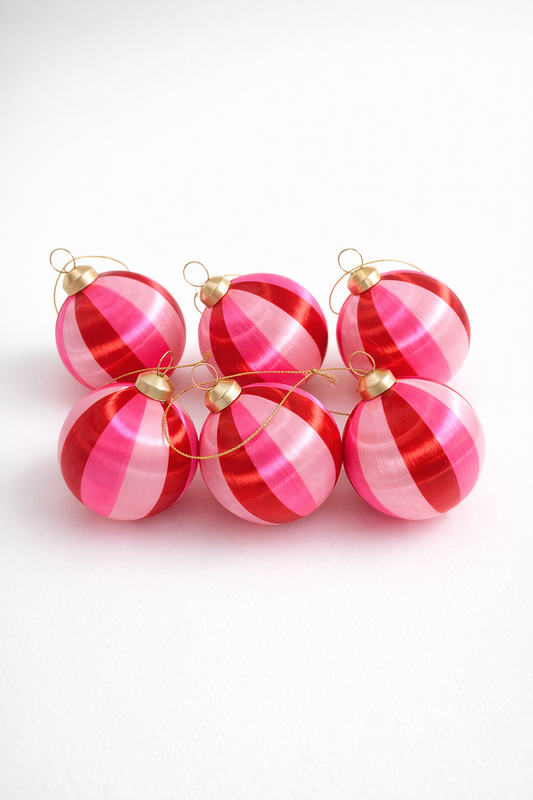 Strawberry Swirl Satin Christmas Baubles | Set of 6