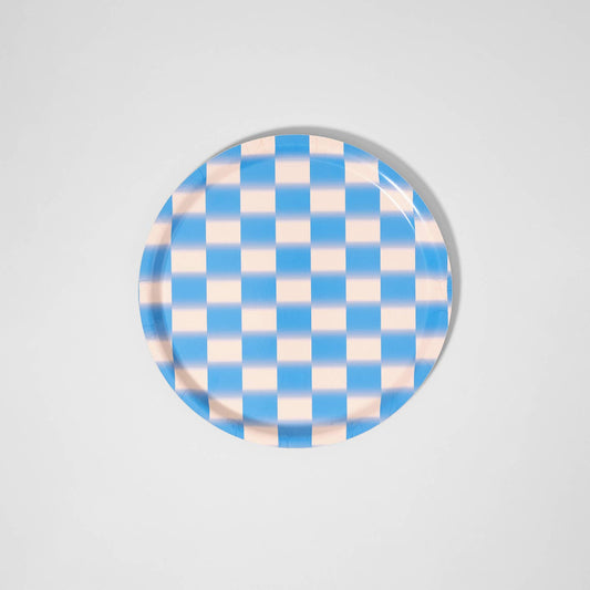Blue Gradient Check 12" Round Birch Serving Tray