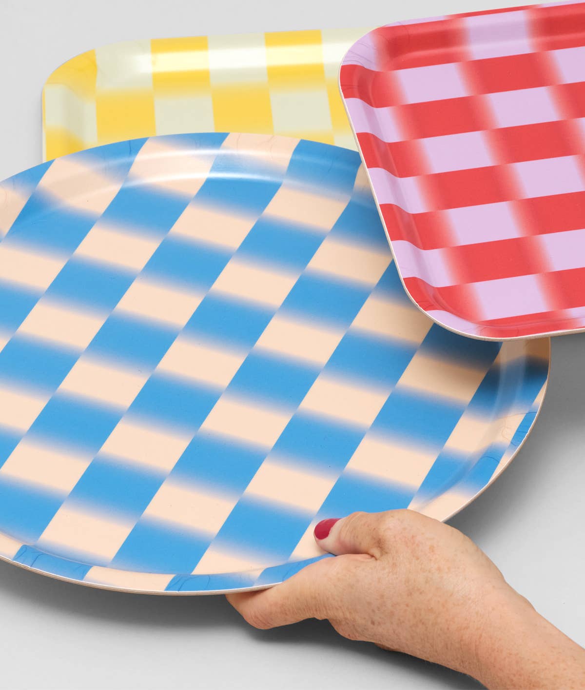 Blue Gradient Check 12" Round Birch Serving Tray