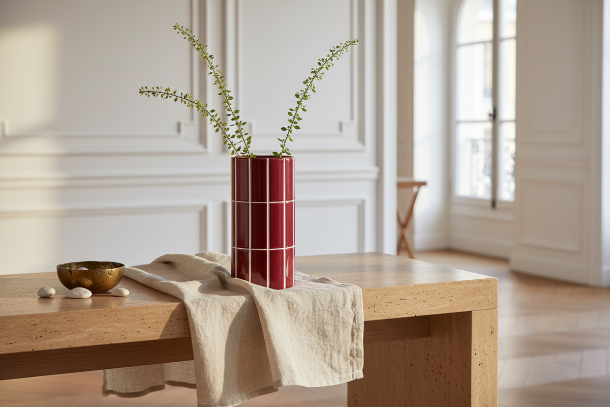 Parisian tiled Burgundy vase  D4" H9"