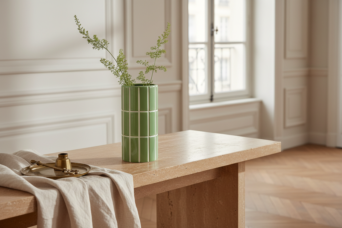 Parisian tiled matcha vase, D4" H9"