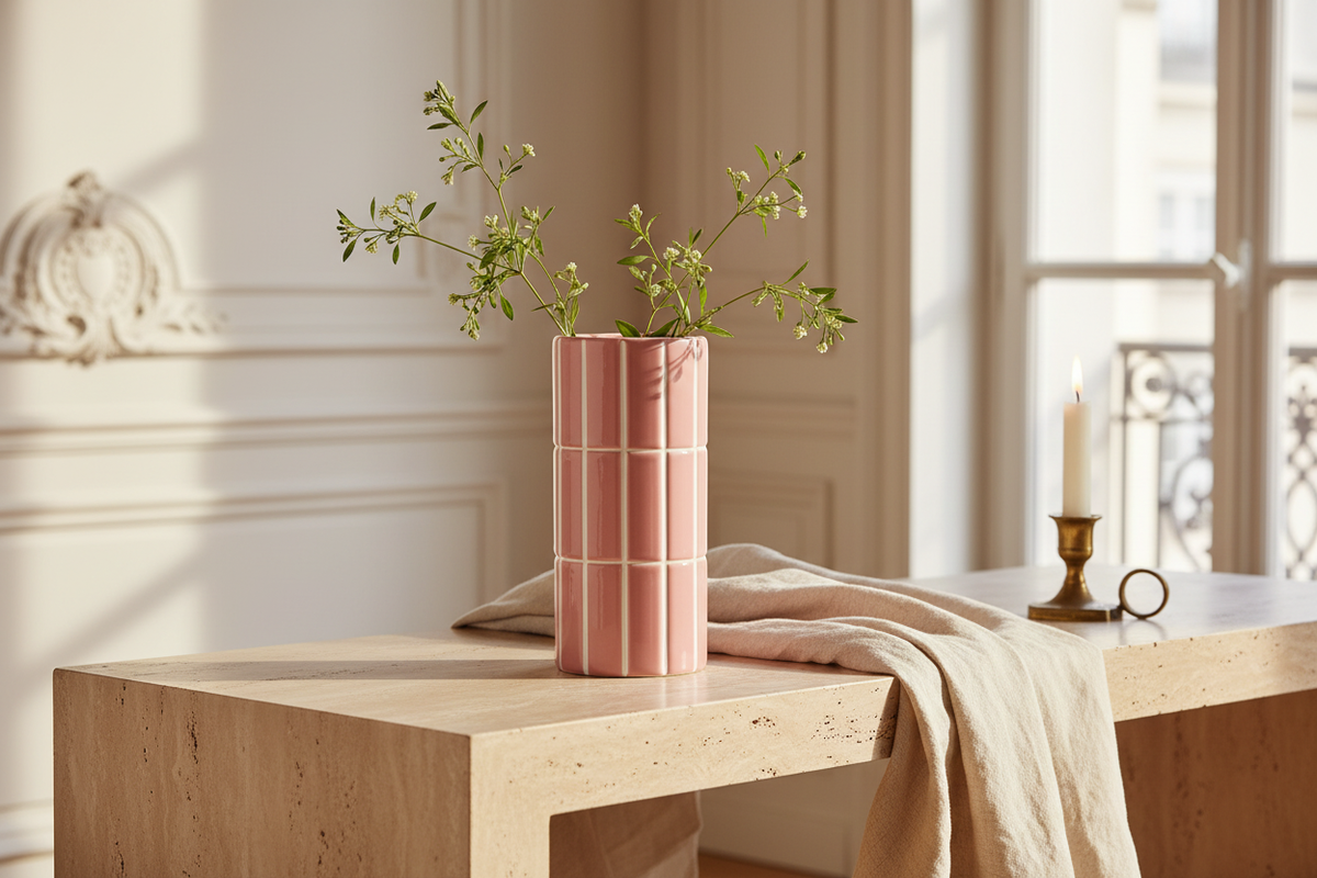 Parisian tiled pink vase  D4" H9"
