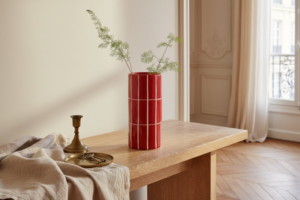 Parisian Red tiled vase  D4" H9"
