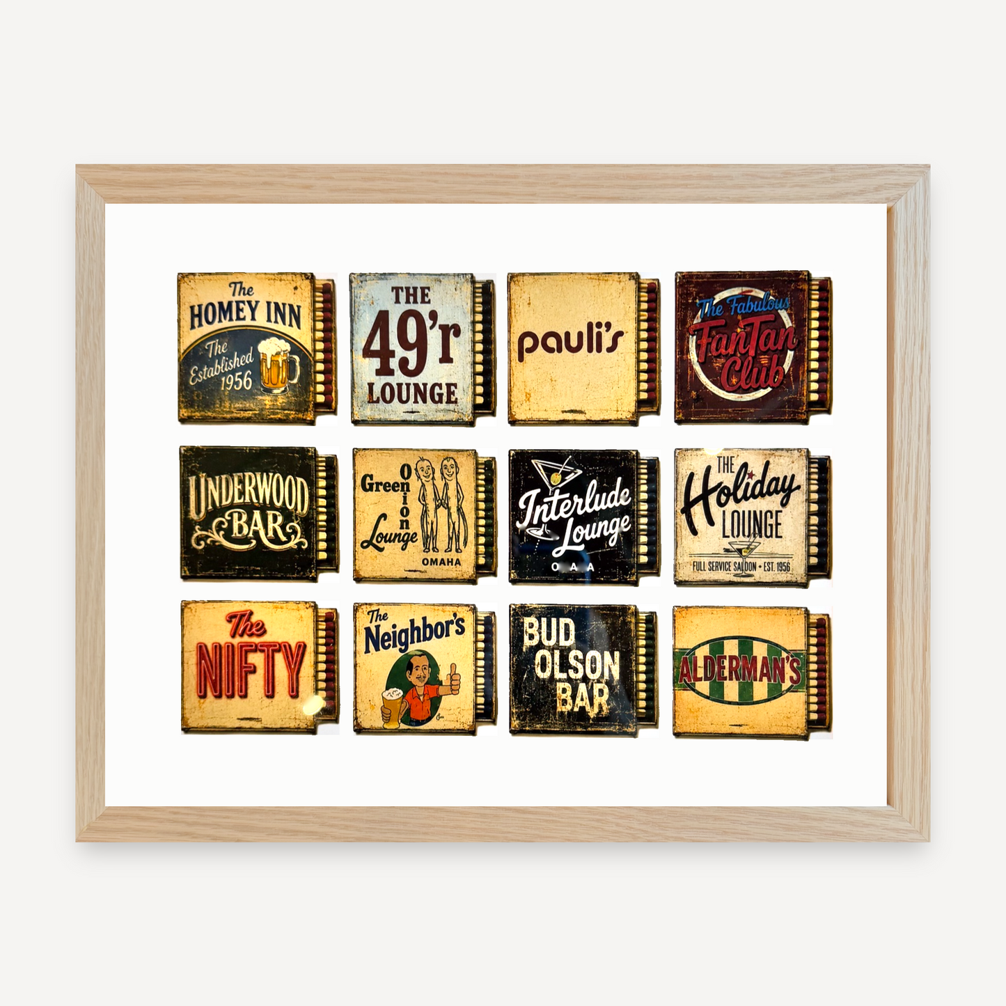 Omaha Bar Scene Matchbook Print Framed in Oak 15x12